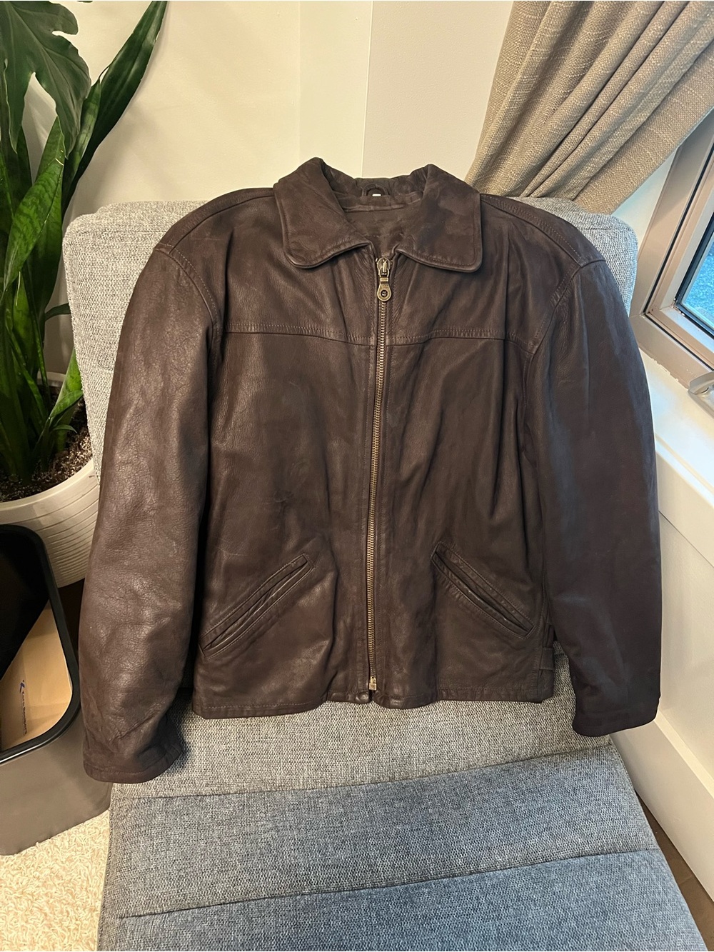 Unisex Brown Leather Zip-Front Jacket